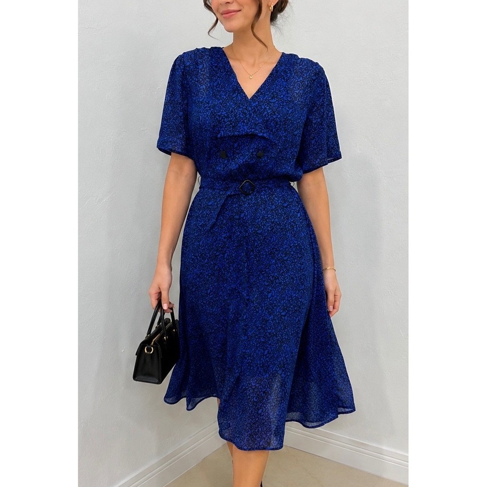 ifi Midi‎ Dress Women 10 Blue Black Scroll Vintage Belted Double Breasted Good